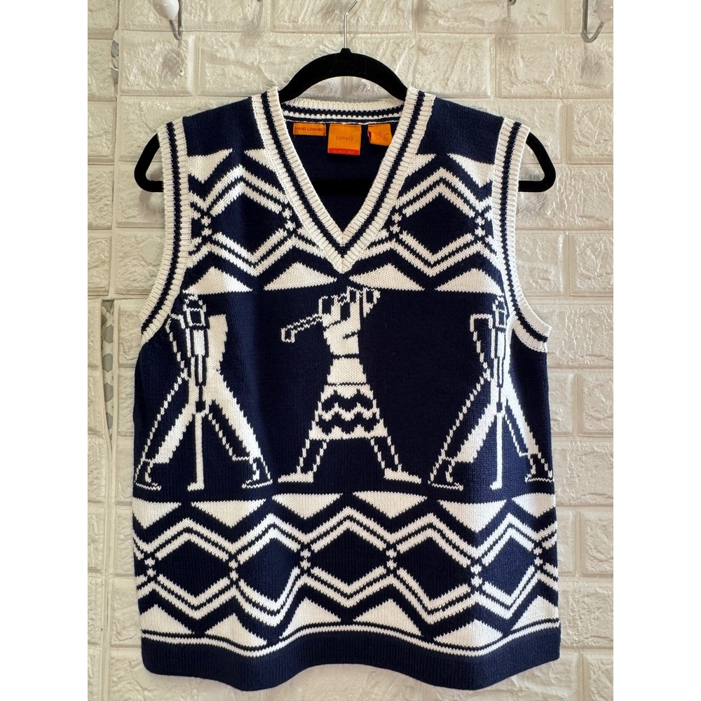 Leon Levin Play Hand Loomed Golf Sweater Vest Navy Blue White Cotton Mens Medium